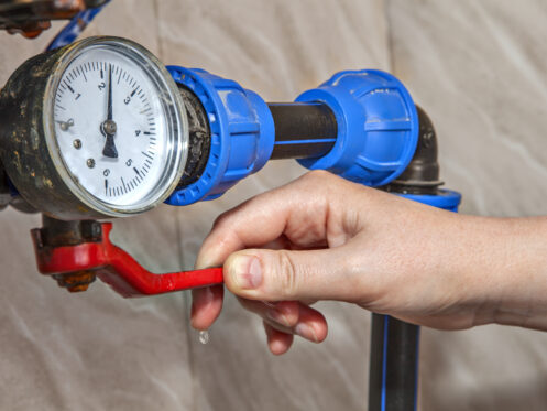 Water pressure gauge and main shutoff valve